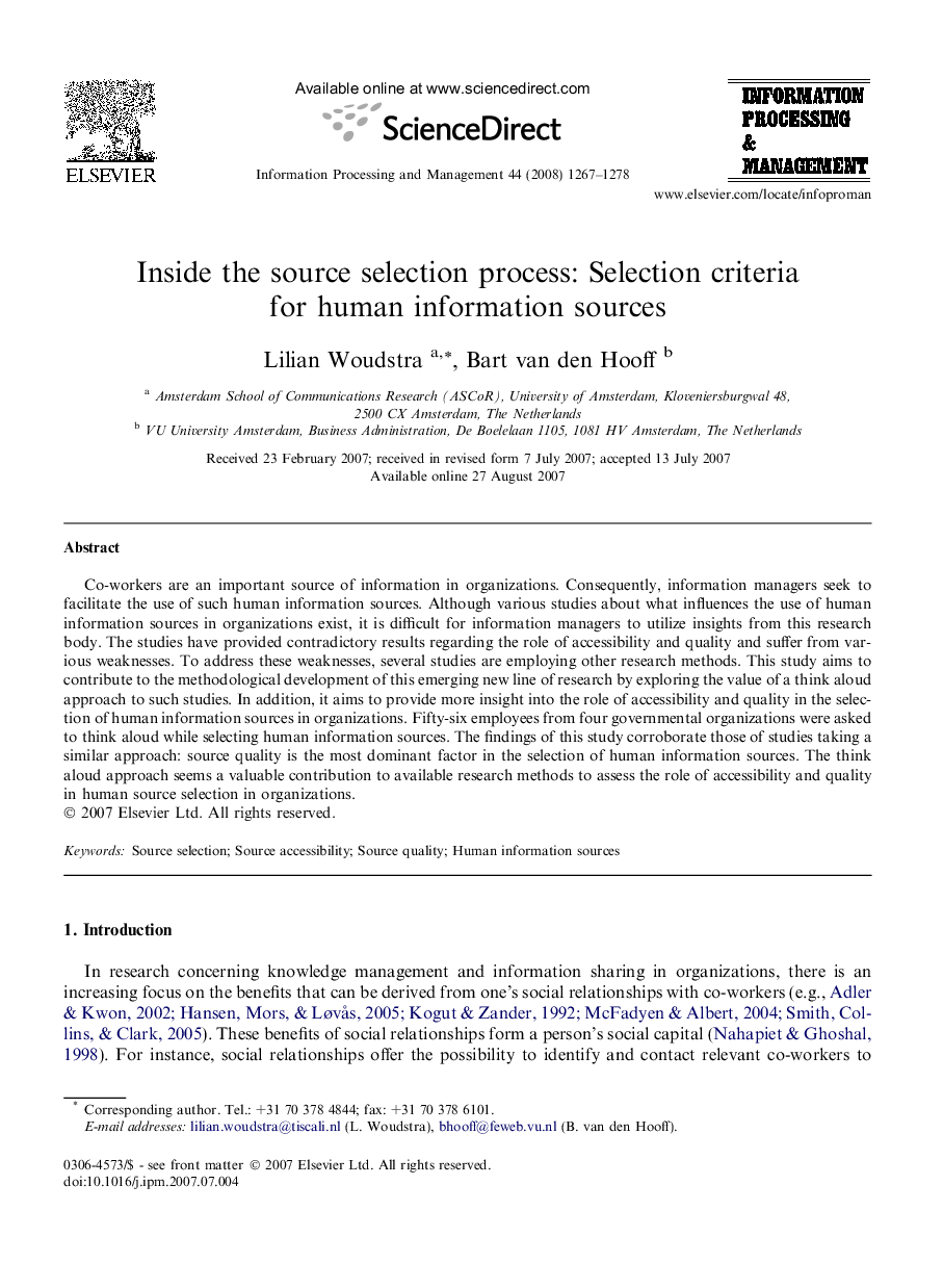 Inside the source selection process: Selection criteria for human information sources