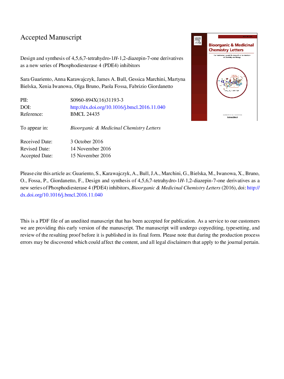 Design and synthesis of 4,5,6,7âtetrahydroâ1Hâ1,2âdiazepinâ7âone derivatives as a new series of Phosphodiesterase 4 (PDE4) inhibitors