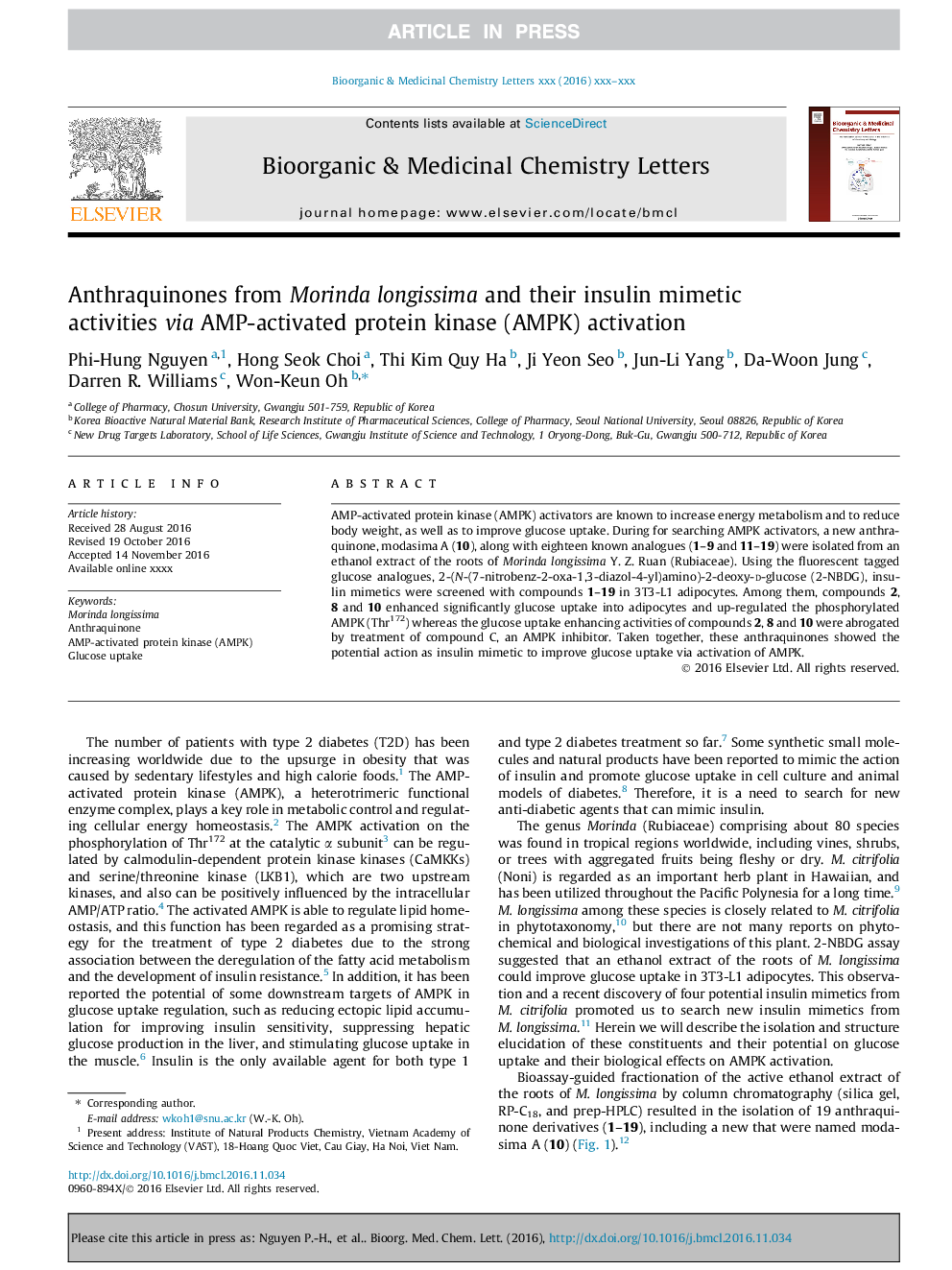 Anthraquinones from Morinda longissima and their insulin mimetic activities via AMP-activated protein kinase (AMPK) activation