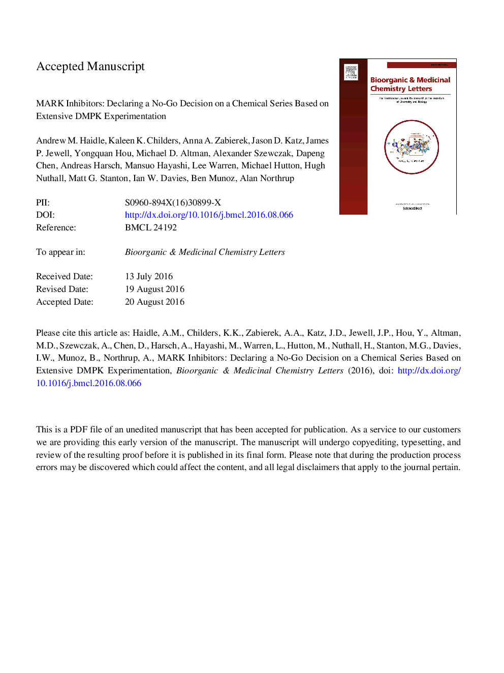 MARK inhibitors: Declaring a No-Go decision on a chemical series based on extensive DMPK experimentation