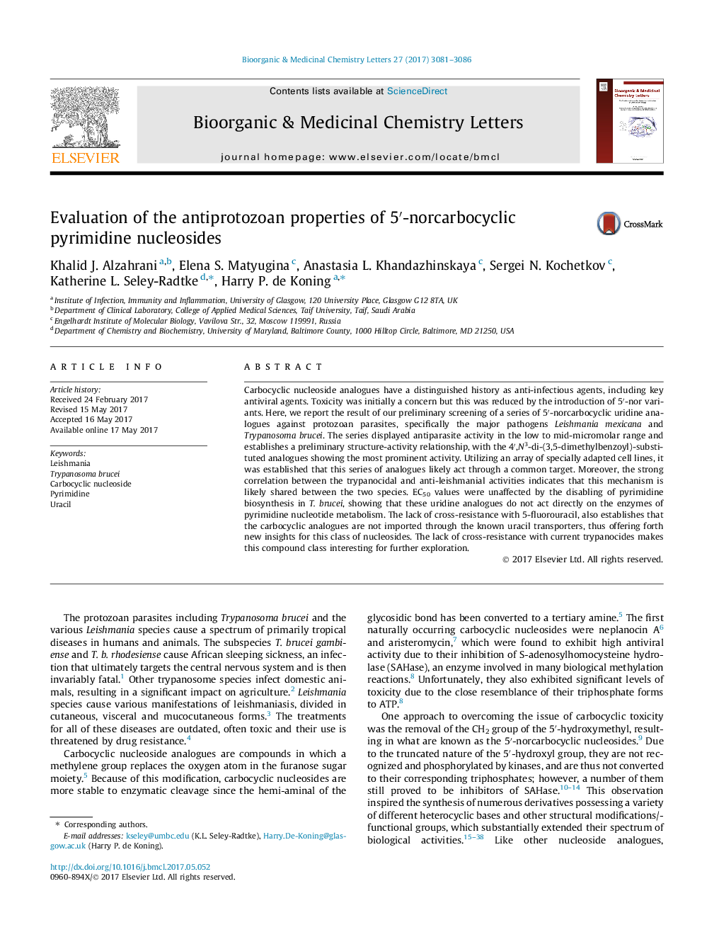 Evaluation of the antiprotozoan properties of 5â²-norcarbocyclic pyrimidine nucleosides