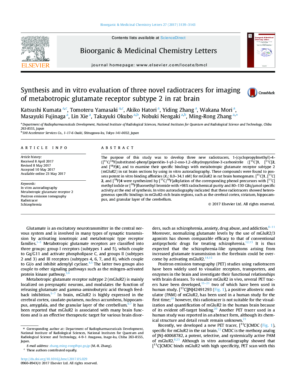 Synthesis and in vitro evaluation of three novel radiotracers for imaging of metabotropic glutamate receptor subtype 2 in rat brain