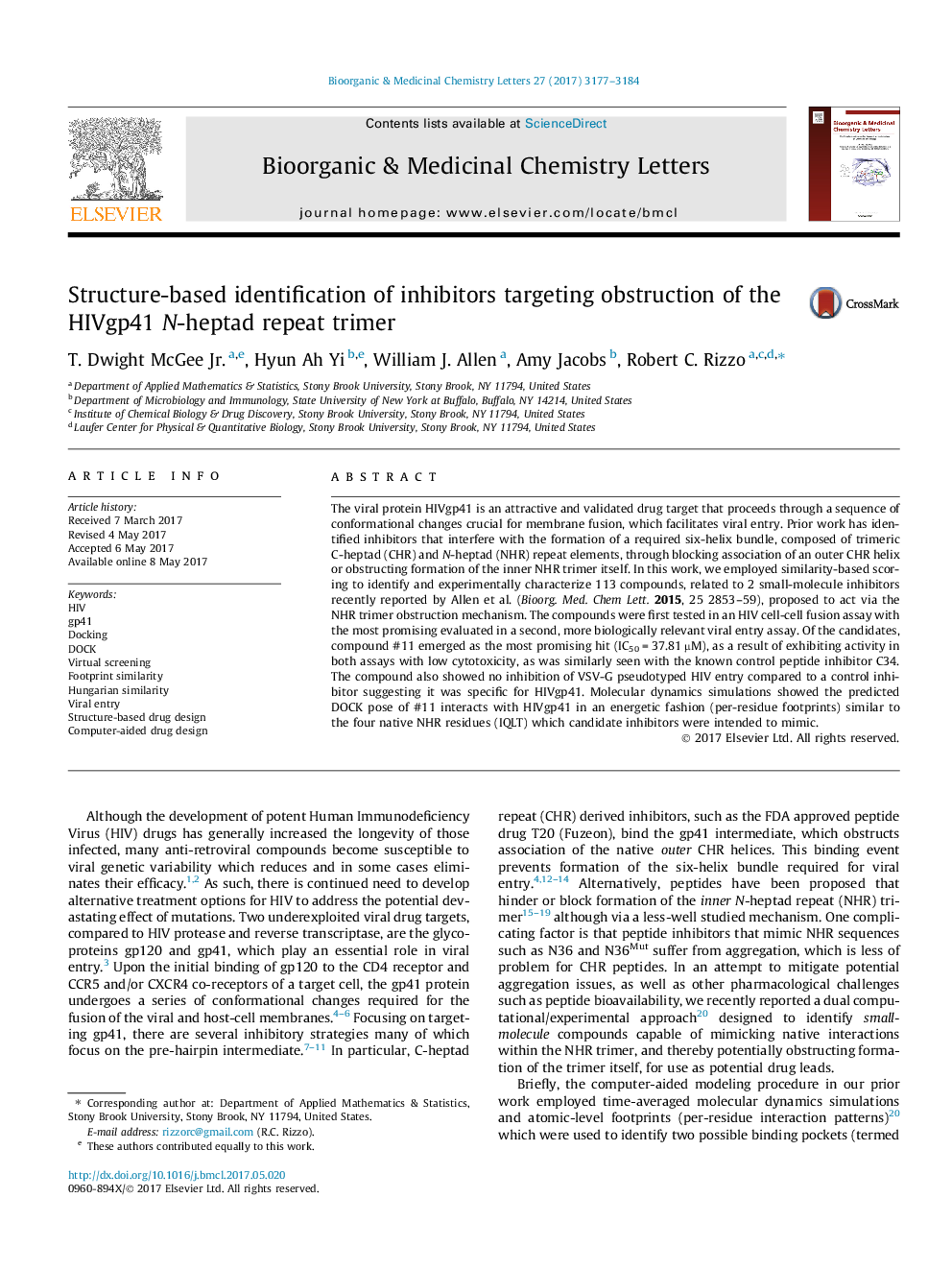 Structure-based identification of inhibitors targeting obstruction of the HIVgp41 N-heptad repeat trimer