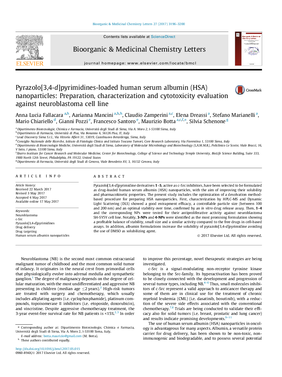 Pyrazolo[3,4-d]pyrimidines-loaded human serum albumin (HSA) nanoparticles: Preparation, characterization and cytotoxicity evaluation against neuroblastoma cell line