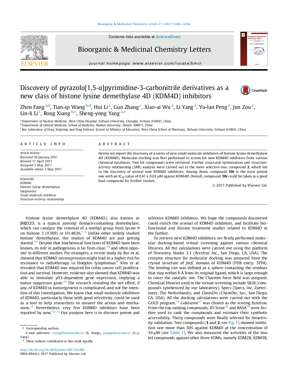 Discovery of pyrazolo[1,5-a]pyrimidine-3-carbonitrile derivatives as a new class of histone lysine demethylase 4D (KDM4D) inhibitors