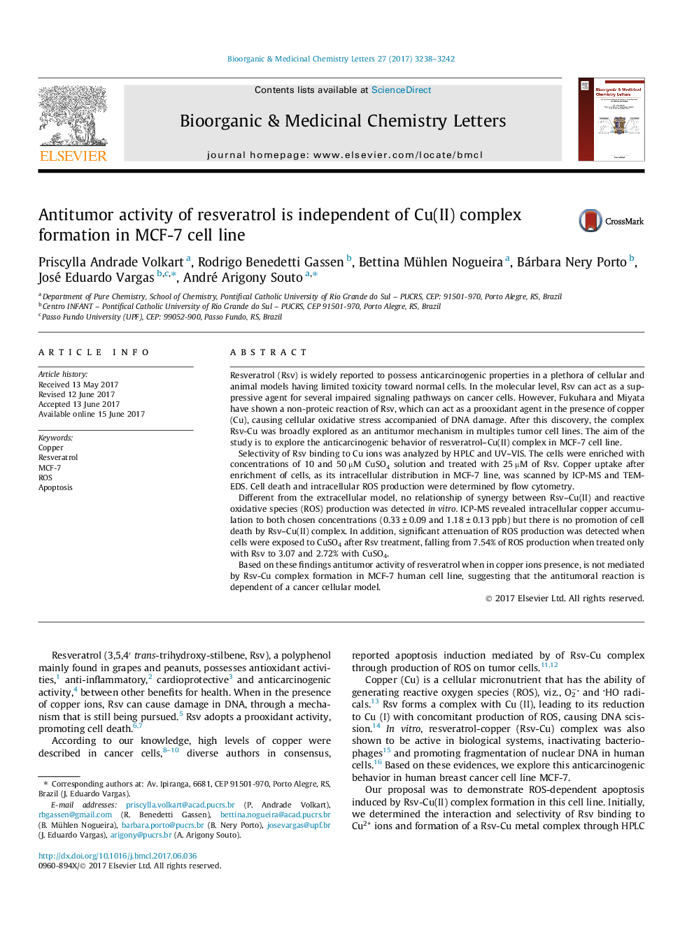 Antitumor activity of resveratrol is independent of Cu(II) complex formation in MCF-7 cell line