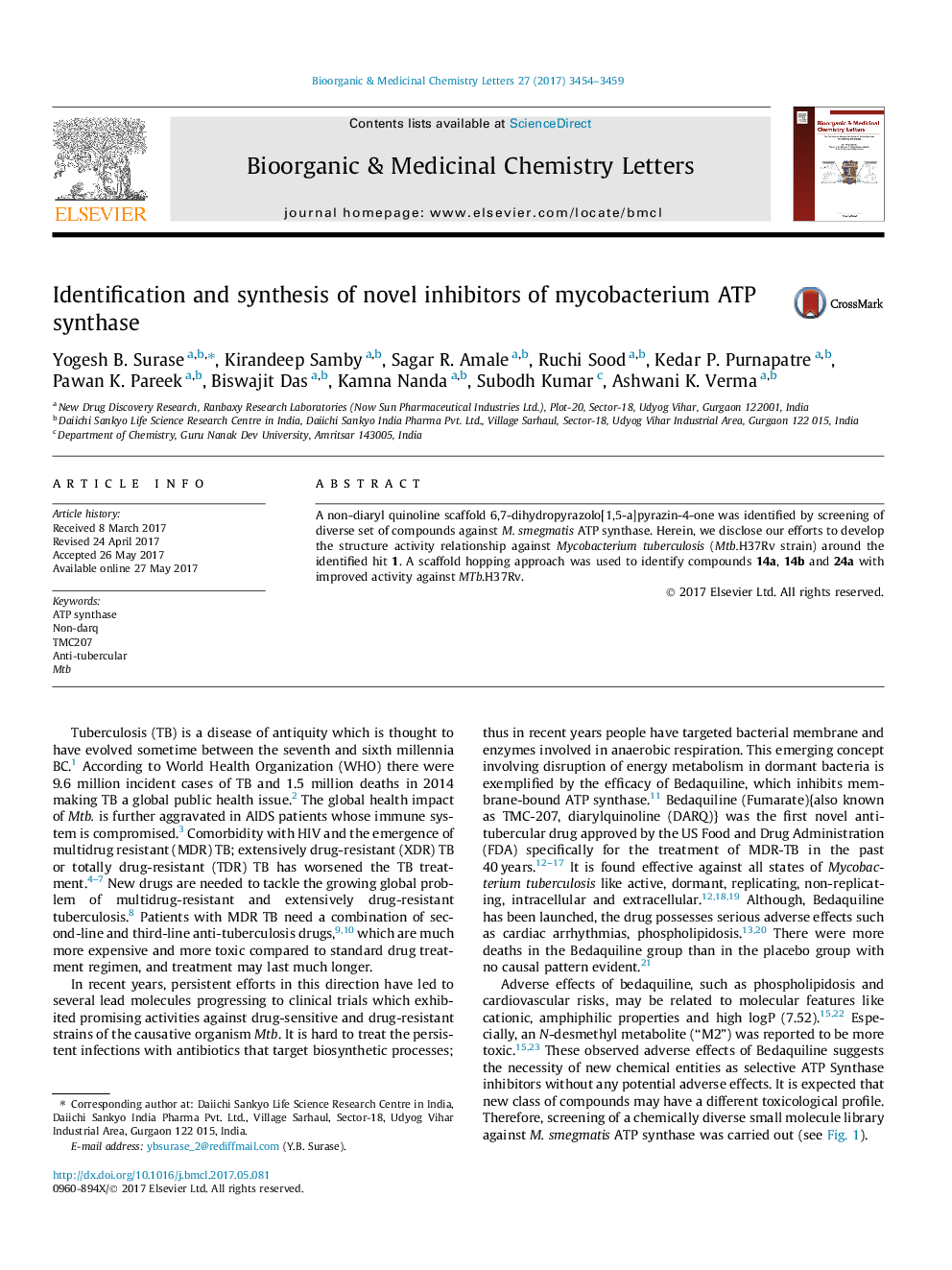 Identification and synthesis of novel inhibitors of mycobacterium ATP synthase