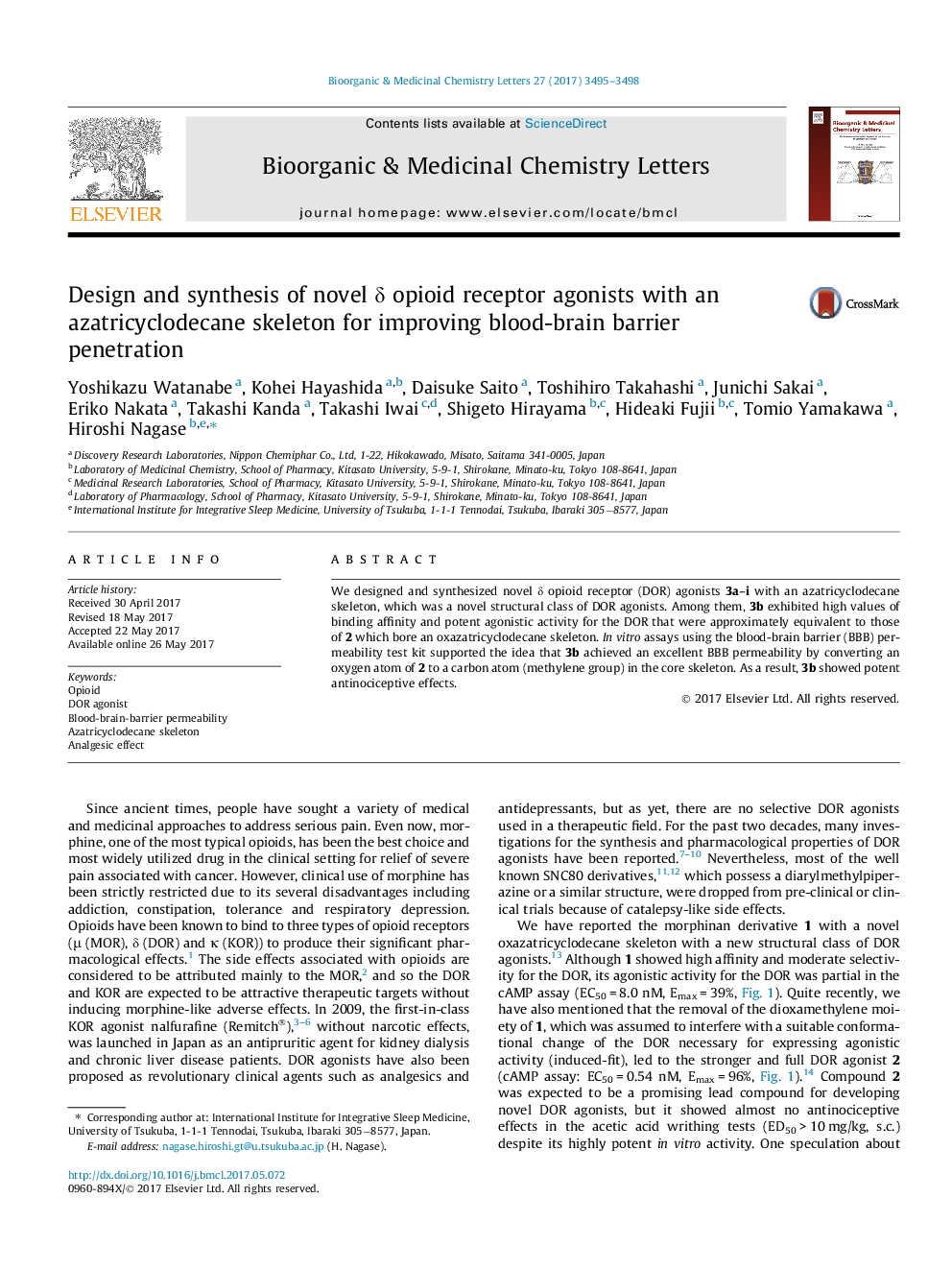 Design and synthesis of novel Î´ opioid receptor agonists with an azatricyclodecane skeleton for improving blood-brain barrier penetration