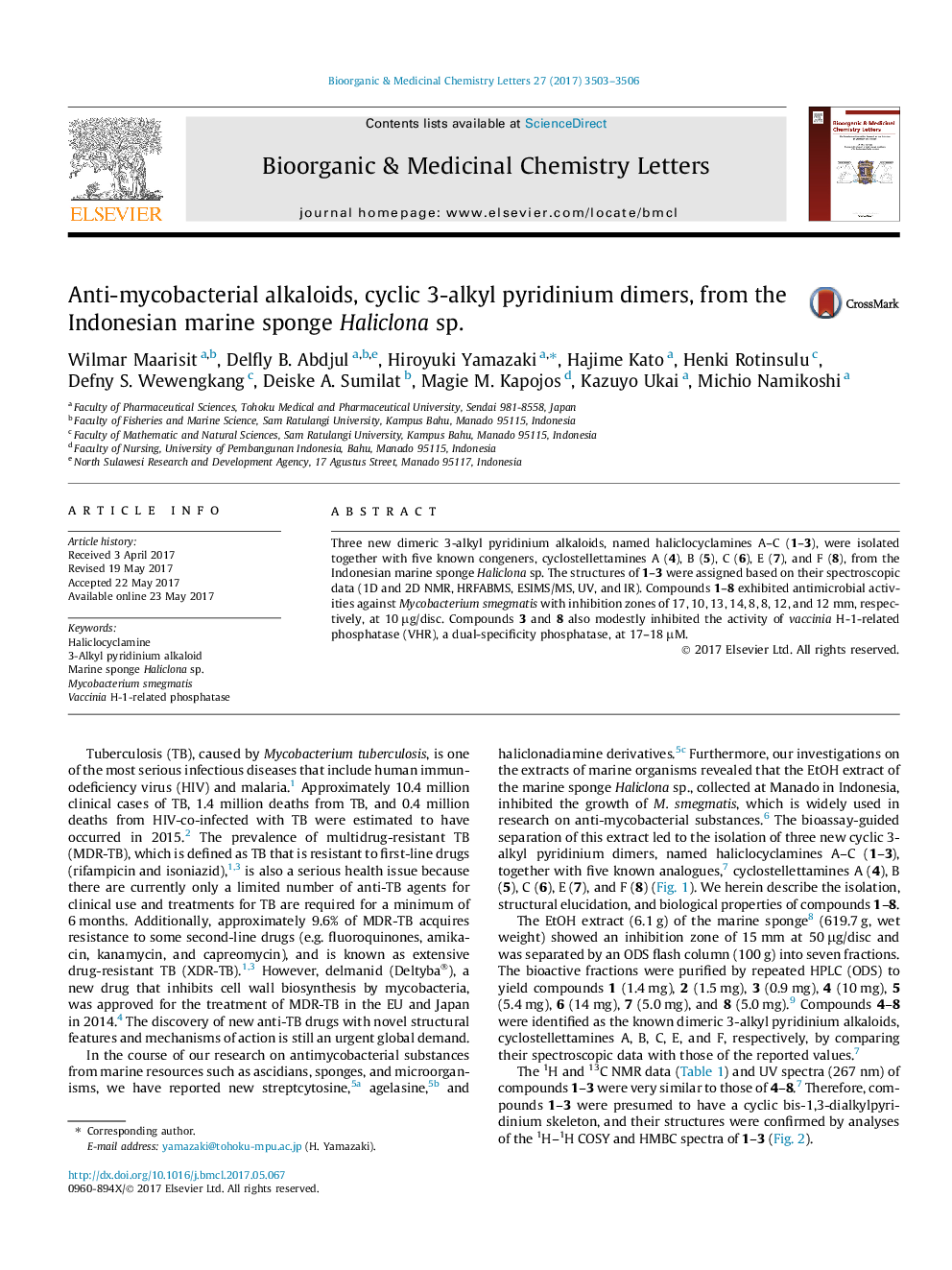 عکس صفحه اول مقاله: Anti-mycobacterial alkaloids, cyclic 3-alkyl pyridinium dimers, from the Indonesian marine sponge Haliclona sp. Anti-mycobacterial alkaloids, cyclic 3-alkyl pyridinium dimers, from the Indonesian marine sponge Haliclona sp.