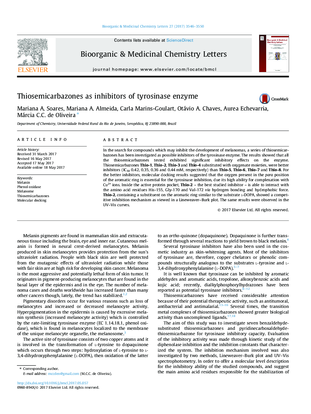 Thiosemicarbazones as inhibitors of tyrosinase enzyme