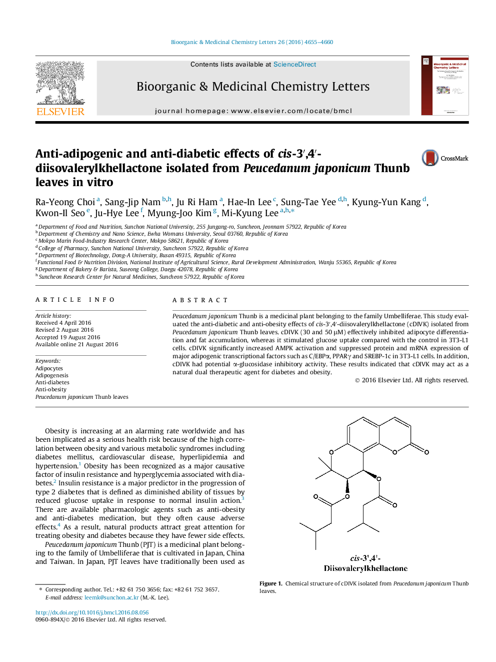 Anti-adipogenic and anti-diabetic effects of cis-3â²,4â²-diisovalerylkhellactone isolated from Peucedanum japonicum Thunb leaves in vitro