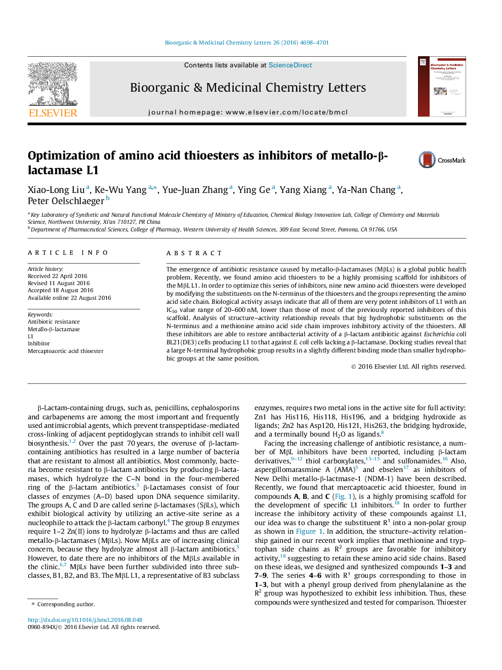 Optimization of amino acid thioesters as inhibitors of metallo-Î²-lactamase L1