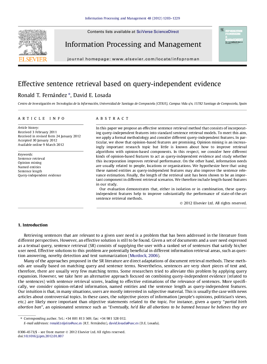 Effective sentence retrieval based on query-independent evidence