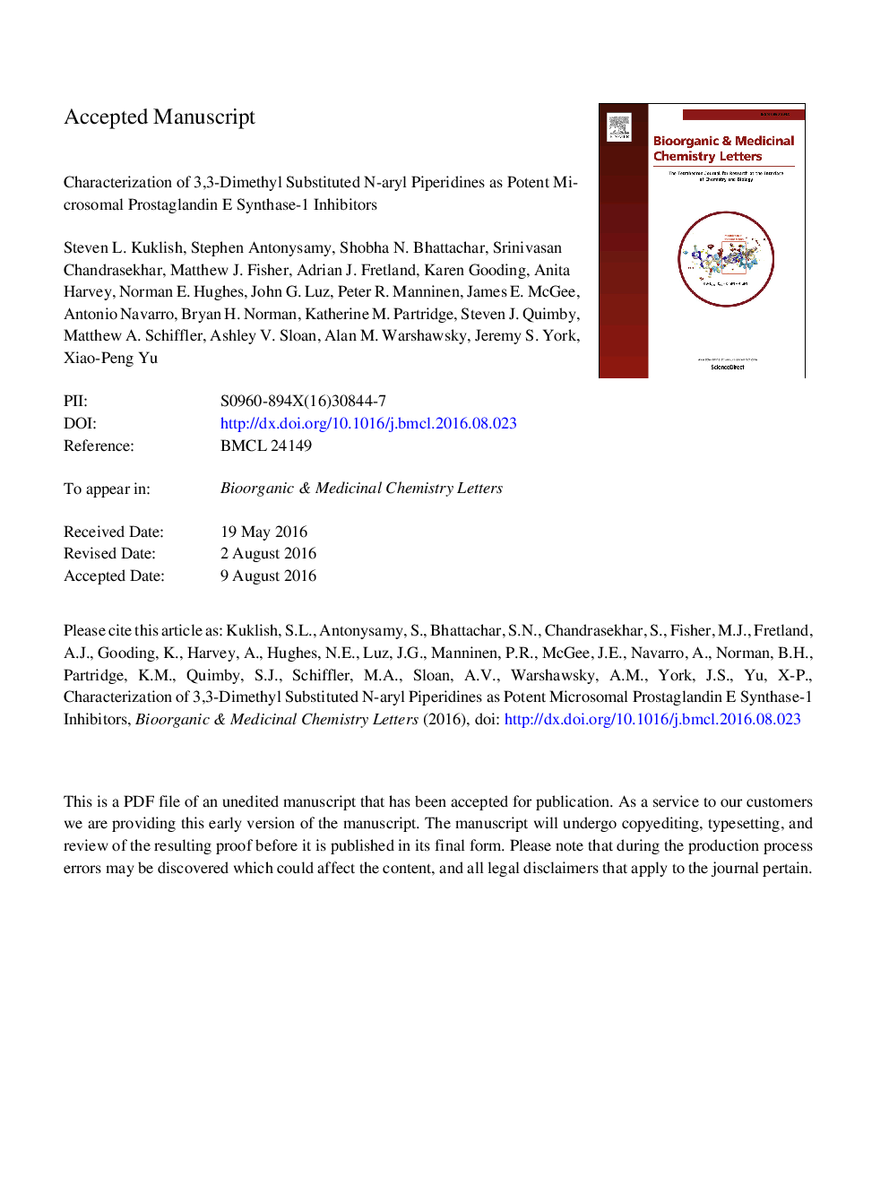 Characterization of 3,3-dimethyl substituted N-aryl piperidines as potent microsomal prostaglandin E synthase-1 inhibitors