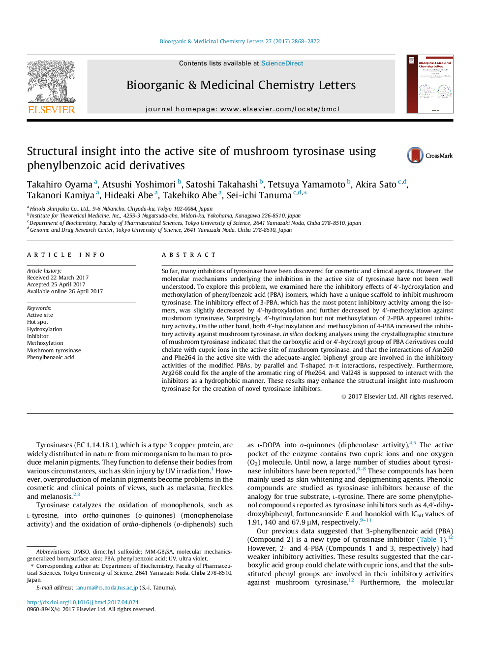 Structural insight into the active site of mushroom tyrosinase using phenylbenzoic acid derivatives