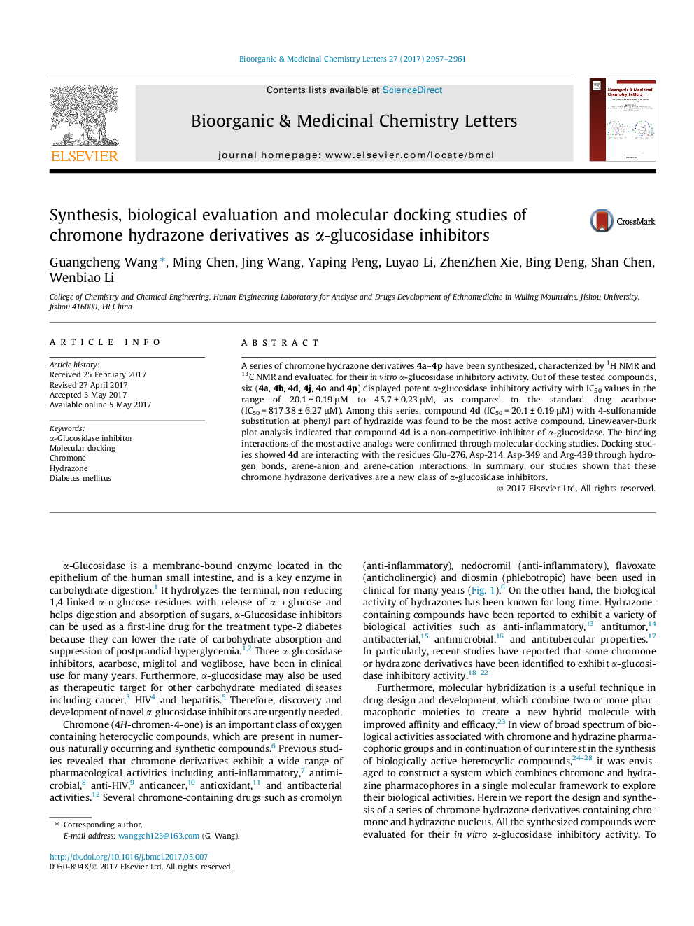 Synthesis, biological evaluation and molecular docking studies of chromone hydrazone derivatives as Î±-glucosidase inhibitors