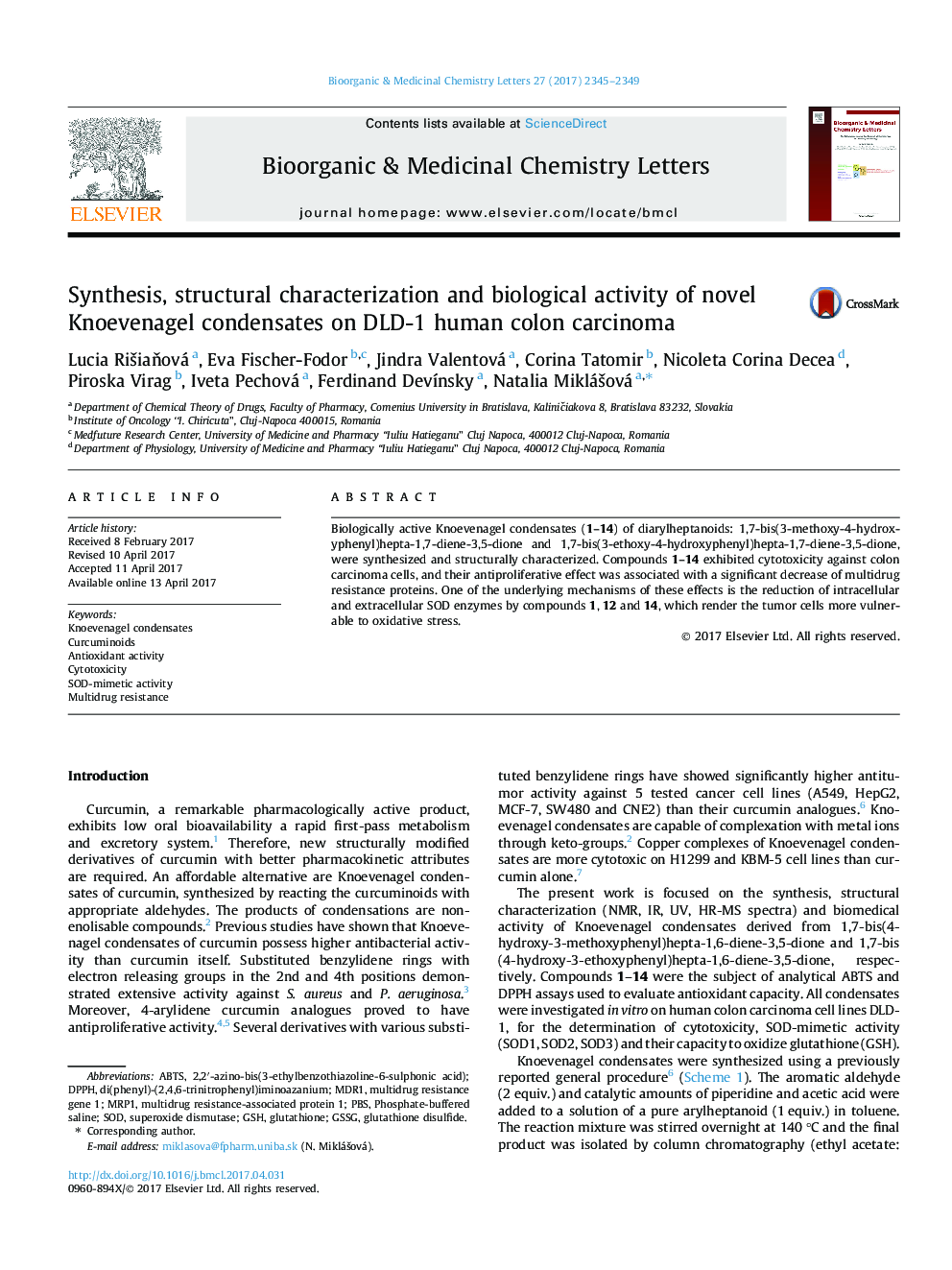 Synthesis, structural characterization and biological activity of novel Knoevenagel condensates on DLD-1 human colon carcinoma