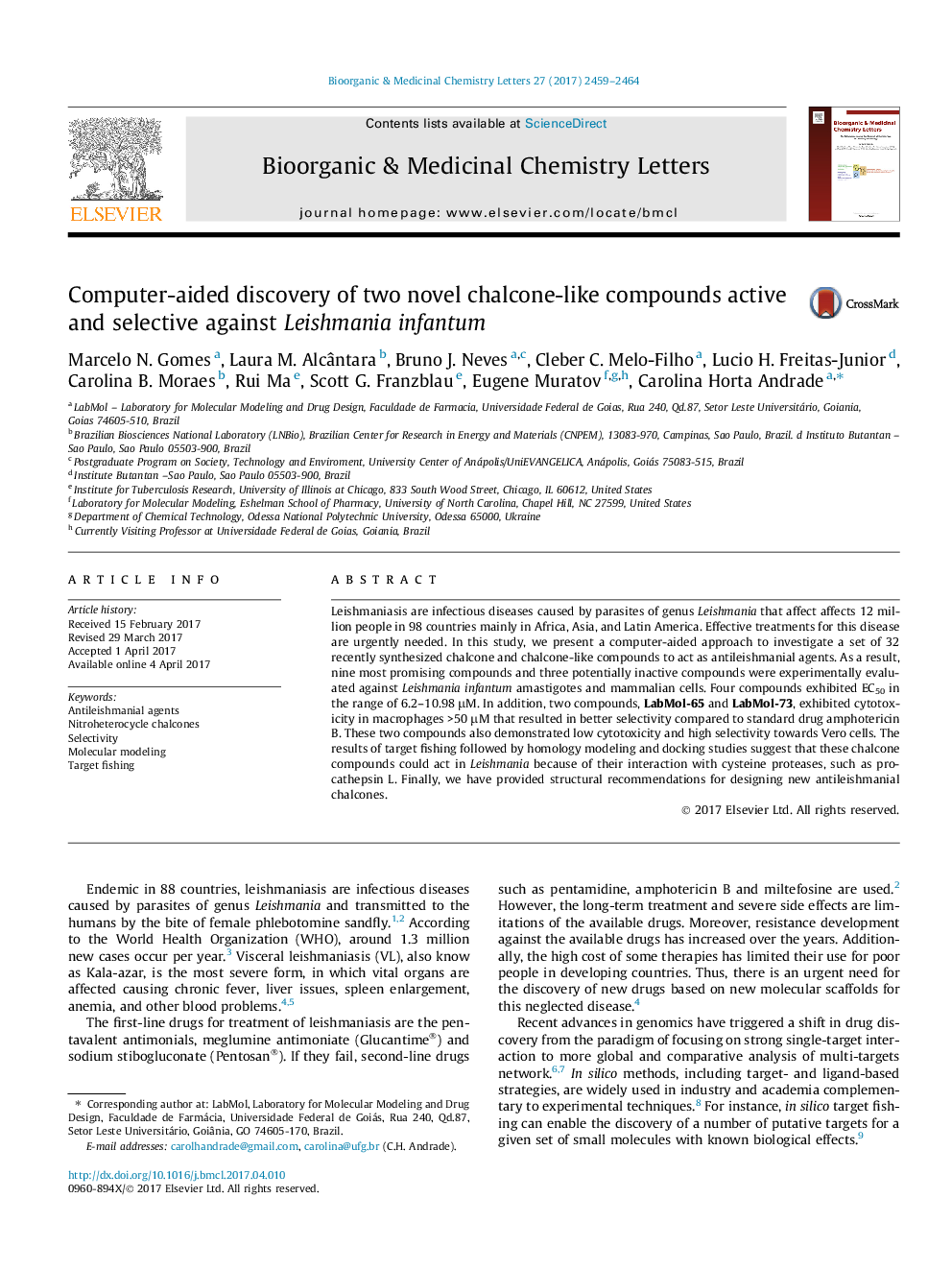 Computer-aided discovery of two novel chalcone-like compounds active and selective against Leishmania infantum