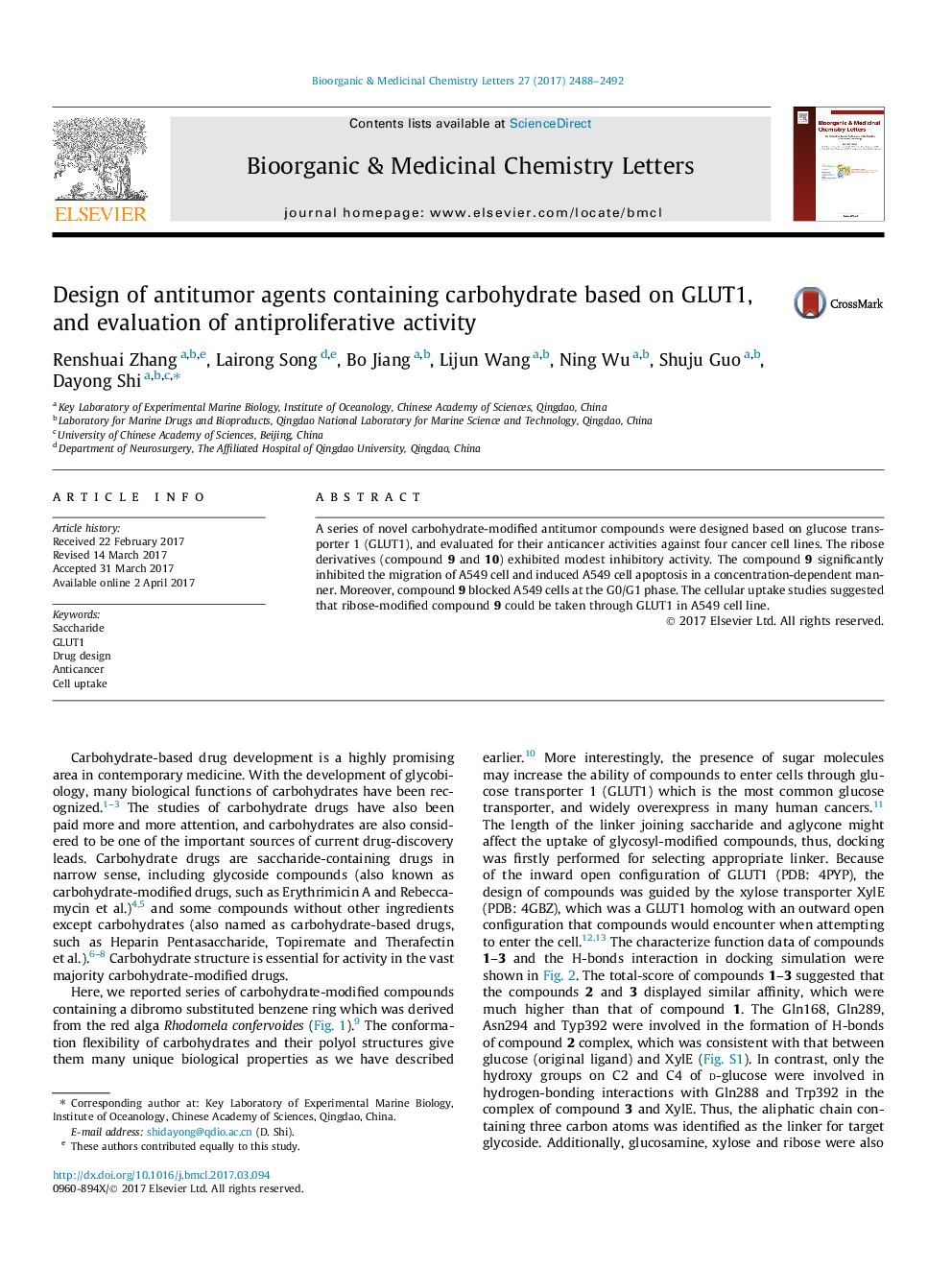 Design of antitumor agents containing carbohydrate based on GLUT1, and evaluation of antiproliferative activity