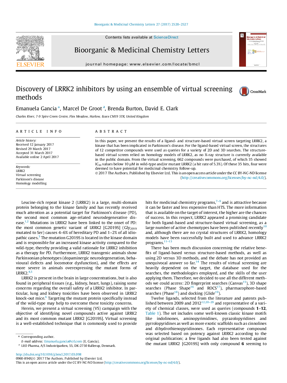 Discovery of LRRK2 inhibitors by using an ensemble of virtual screening methods