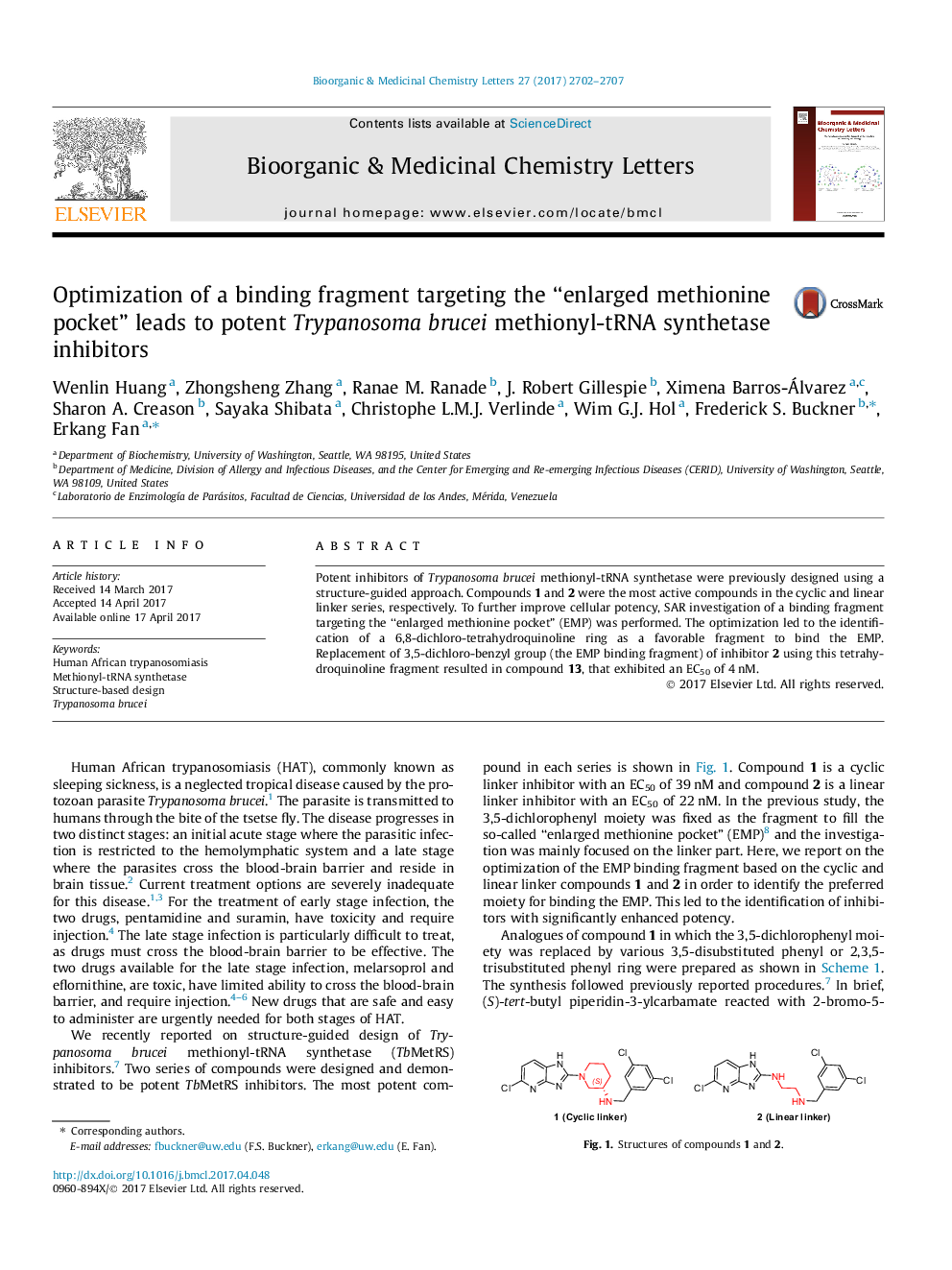 Optimization of a binding fragment targeting the “enlarged methionine pocket” leads to potent Trypanosoma brucei methionyl-tRNA synthetase inhibitors