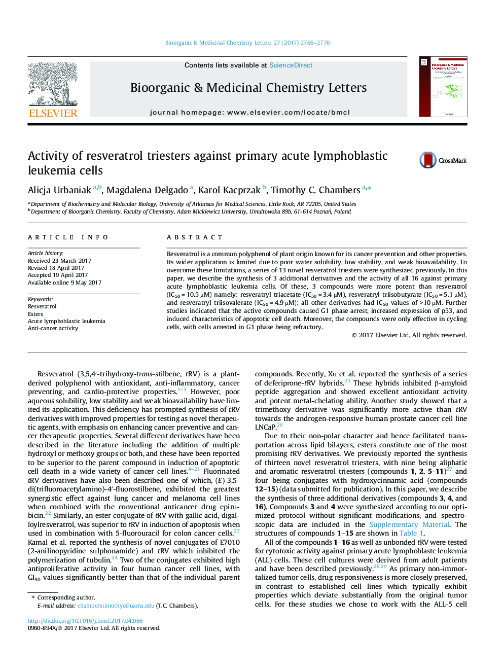 Activity of resveratrol triesters against primary acute lymphoblastic leukemia cells