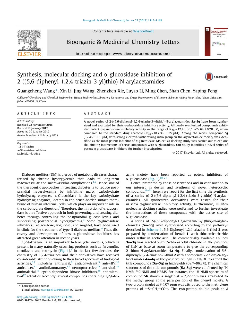 Synthesis, molecular docking and Î±-glucosidase inhibition of 2-((5,6-diphenyl-1,2,4-triazin-3-yl)thio)-N-arylacetamides