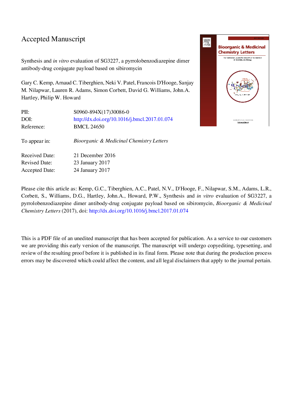 Synthesis and in vitro evaluation of SG3227, a pyrrolobenzodiazepine dimer antibody-drug conjugate payload based on sibiromycin