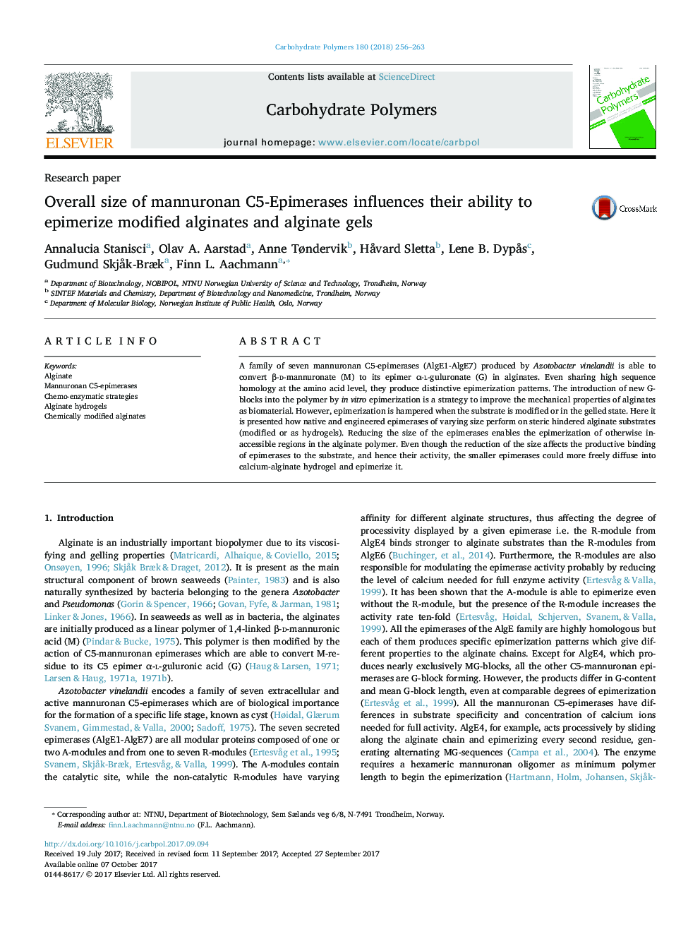 Overall size of mannuronan C5-Epimerases influences their ability to epimerize modified alginates and alginate gels