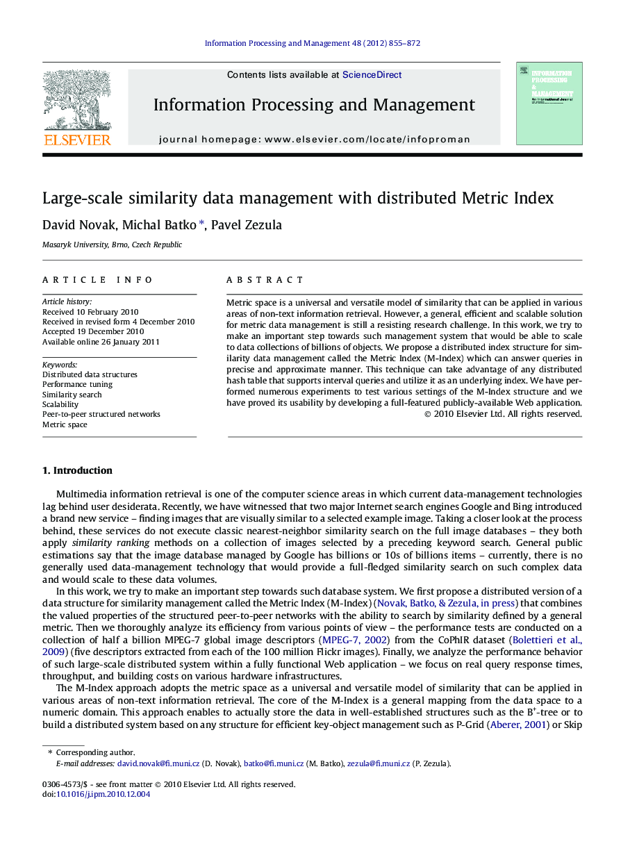 Large-scale similarity data management with distributed Metric Index