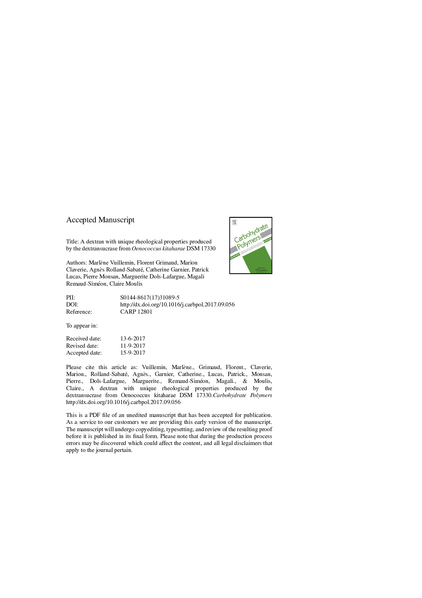 A dextran with unique rheological properties produced by the dextransucrase from Oenococcus kitaharae DSM 17330