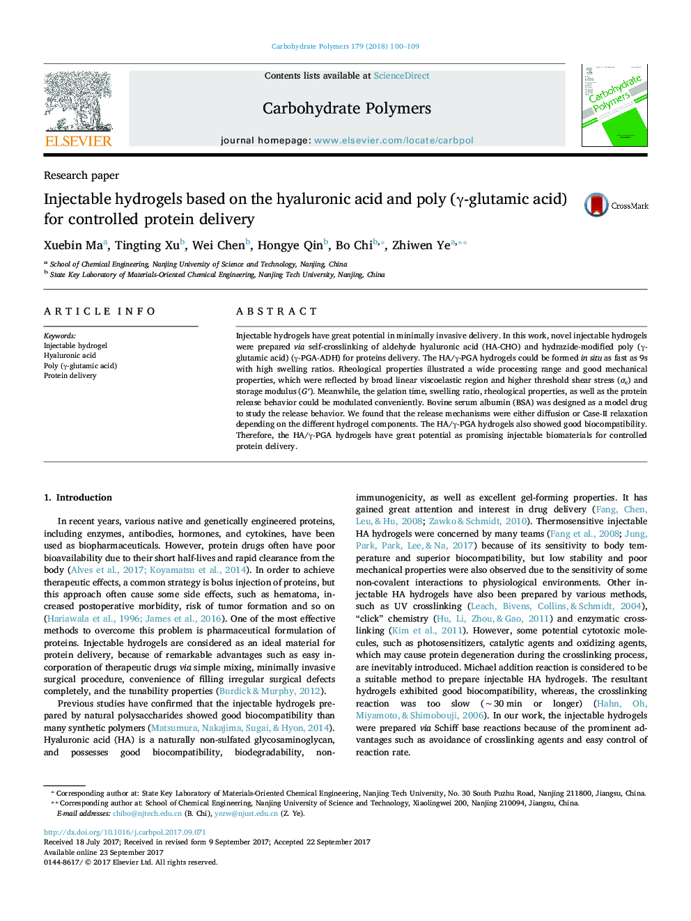 Injectable hydrogels based on the hyaluronic acid and poly (Î³-glutamic acid) for controlled protein delivery