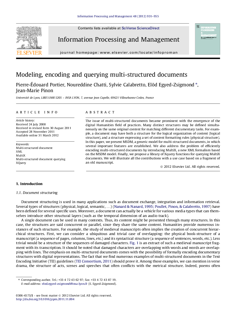 Modeling, encoding and querying multi-structured documents