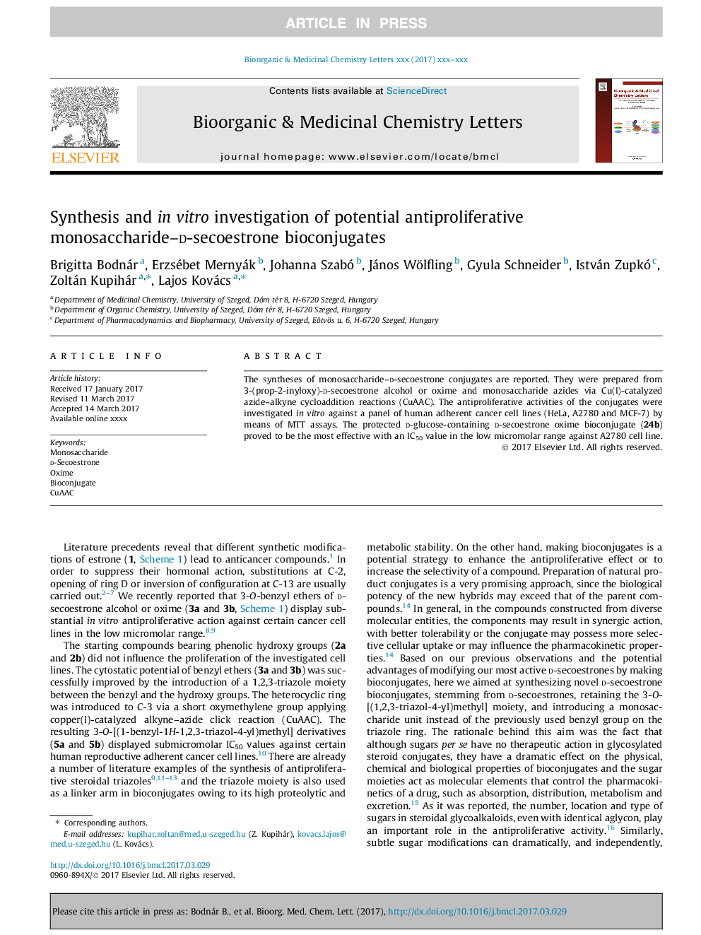 عکس صفحه اول مقاله: Synthesis and in vitro investigation of potential antiproliferative monosaccharide-d-secoestrone bioconjugates Synthesis and in vitro investigation of potential antiproliferative monosaccharide-d-secoestrone bioconjugates