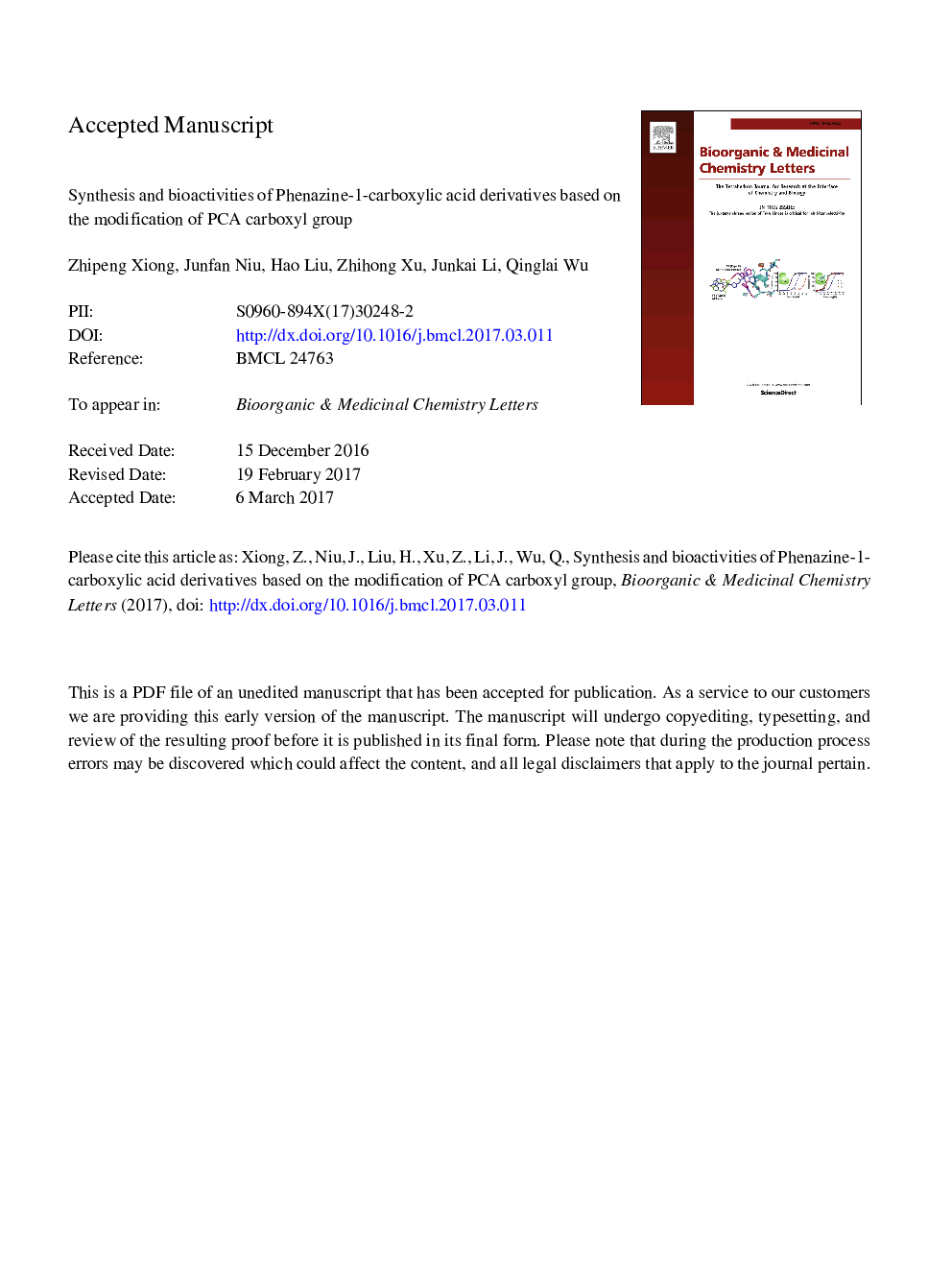 Synthesis and bioactivities of Phenazine-1-carboxylic acid derivatives based on the modification of PCA carboxyl group