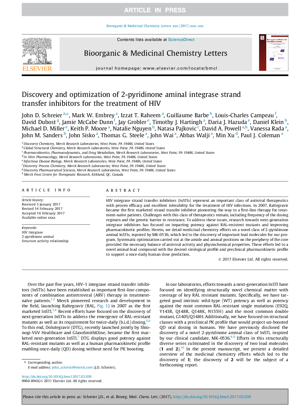 Discovery and optimization of 2-pyridinone aminal integrase strand transfer inhibitors for the treatment of HIV