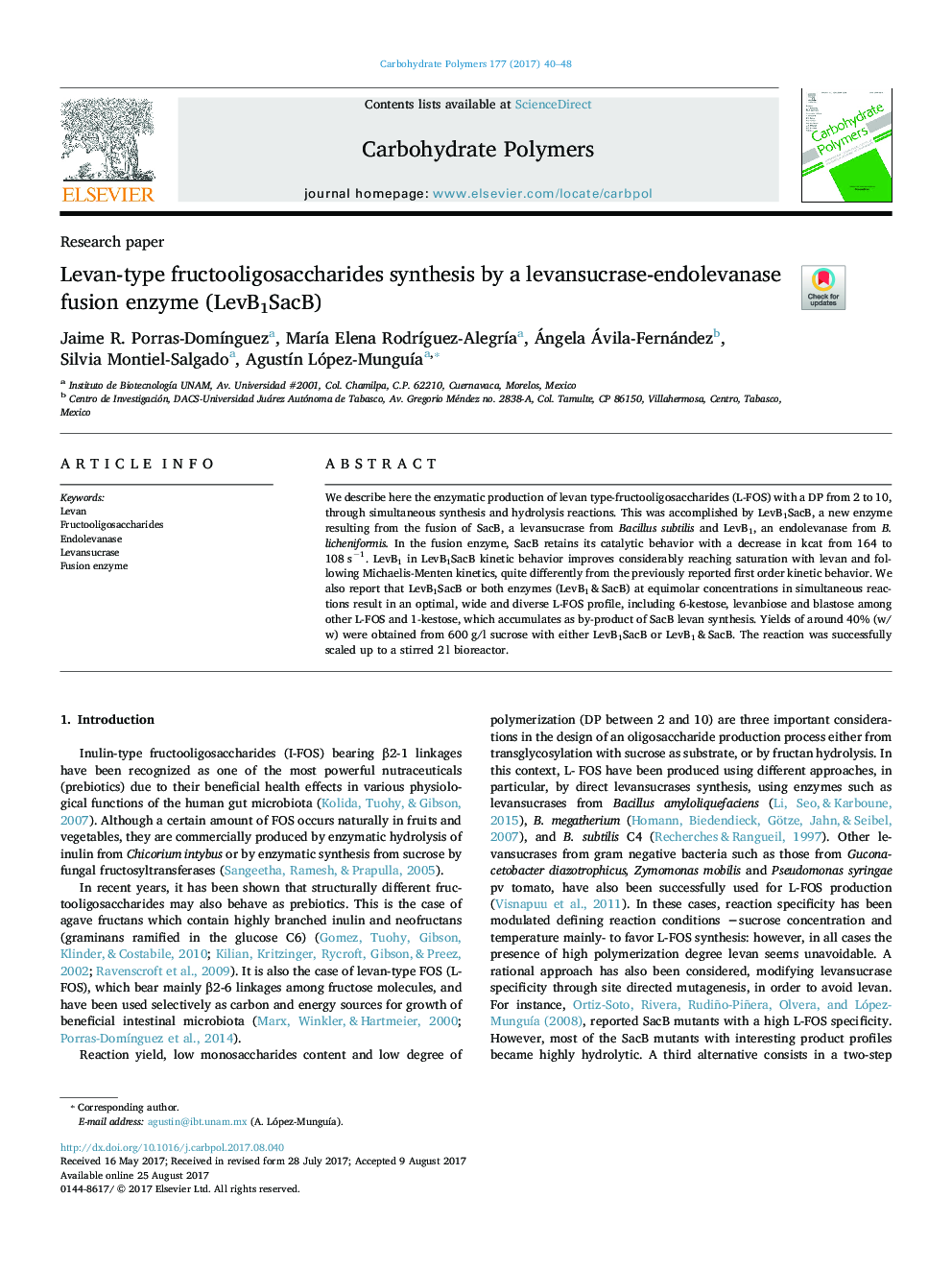 Levan-type fructooligosaccharides synthesis by a levansucrase-endolevanase fusion enzyme (LevB1SacB)