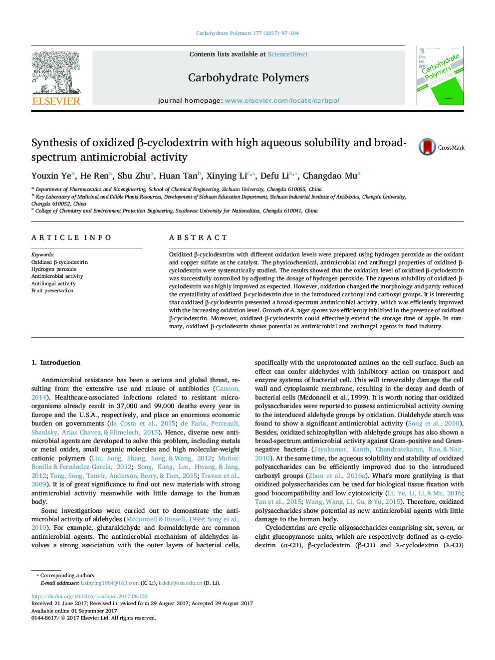 Synthesis of oxidized Î²-cyclodextrin with high aqueous solubility and broad-spectrum antimicrobial activity