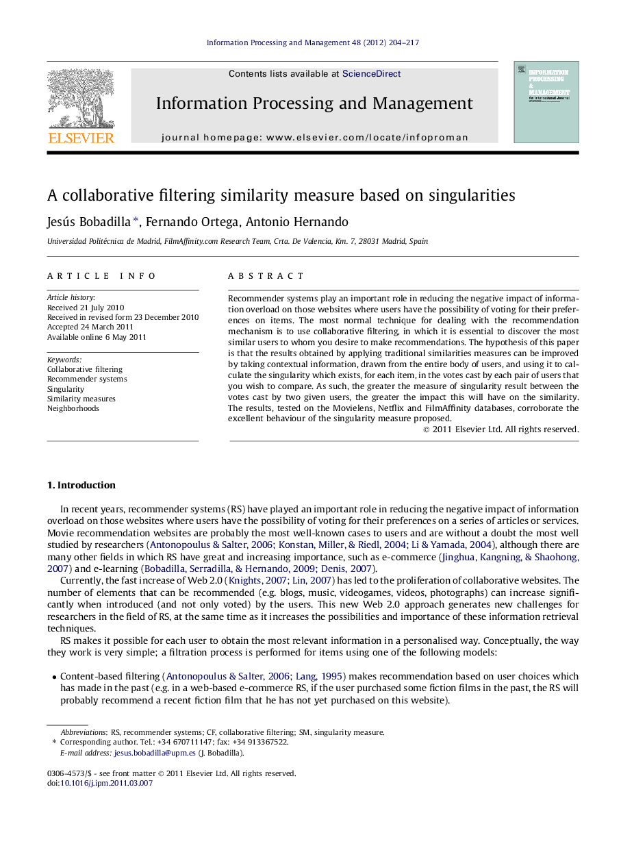 A collaborative filtering similarity measure based on singularities