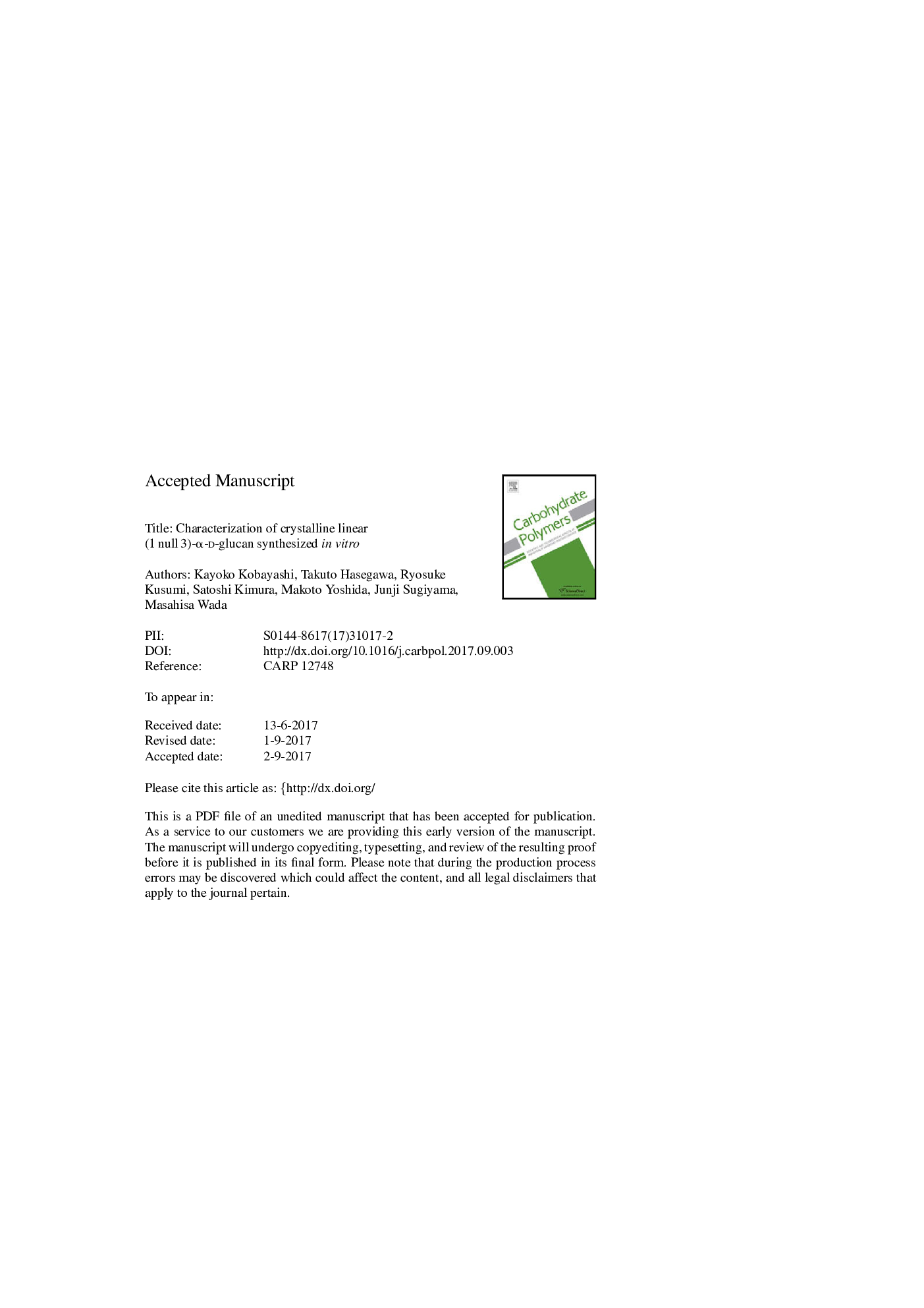 Characterization of crystalline linear (1Â âÂ 3)-Î±-d-glucan synthesized in vitro