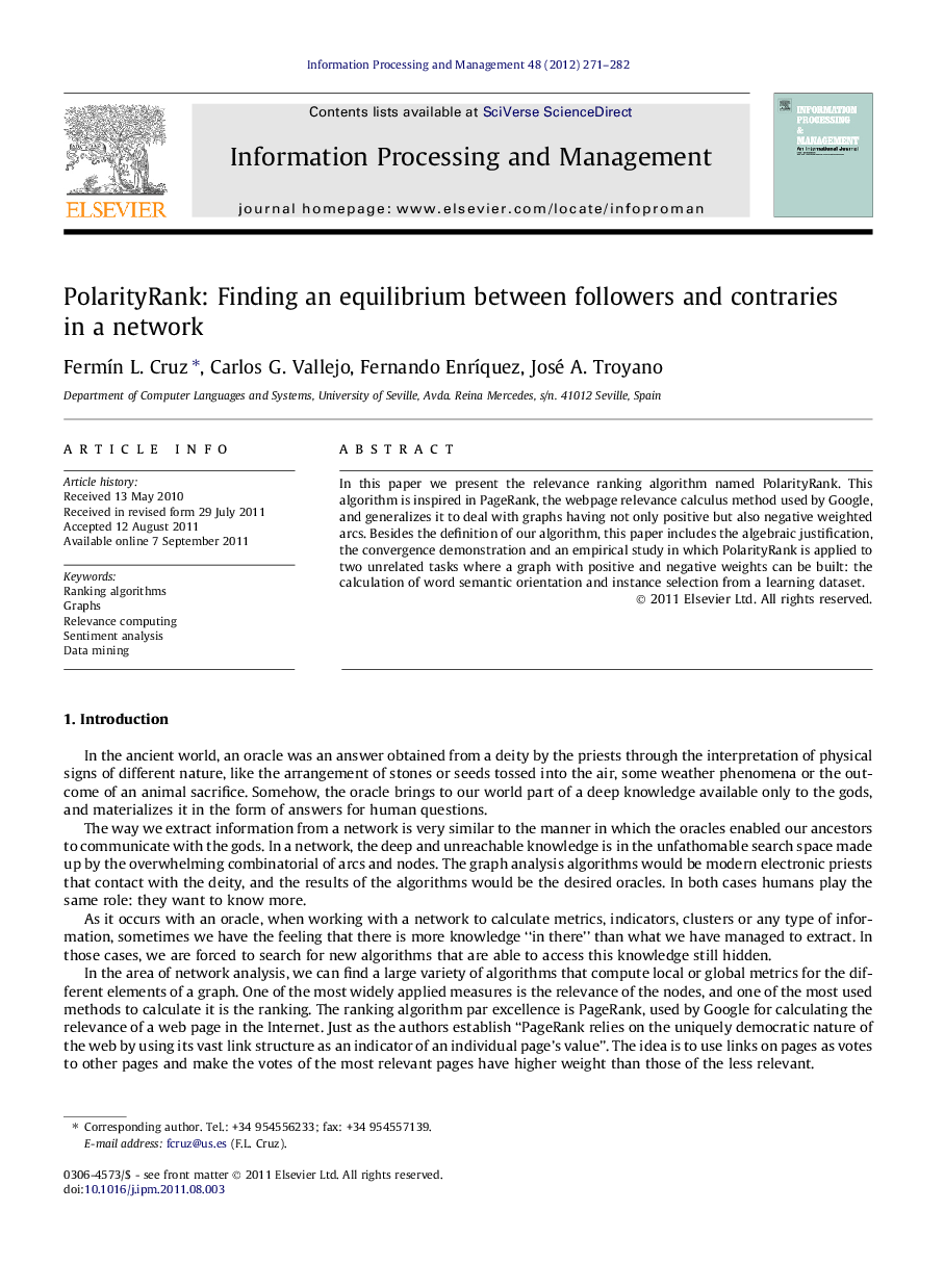 PolarityRank: Finding an equilibrium between followers and contraries in a network