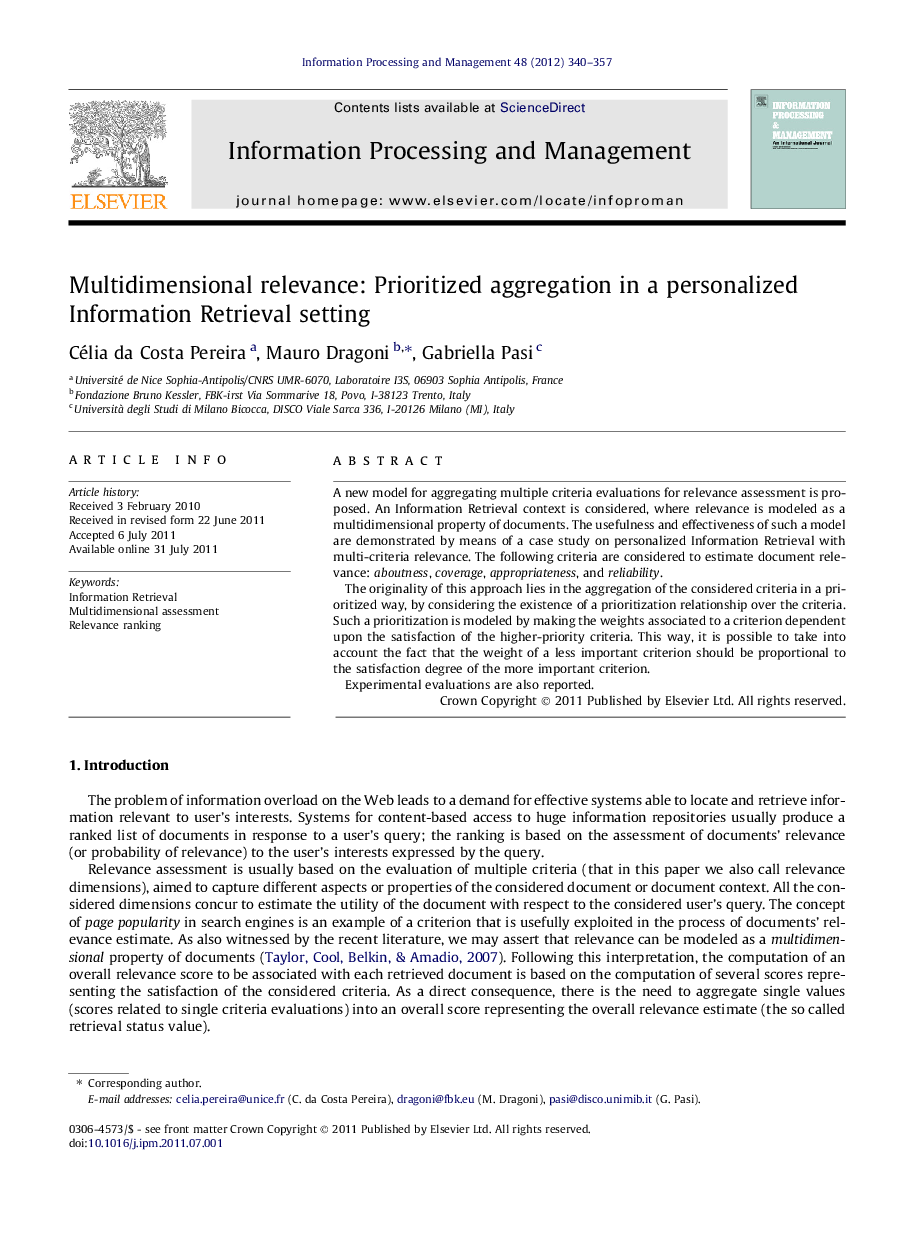 Multidimensional relevance: Prioritized aggregation in a personalized Information Retrieval setting