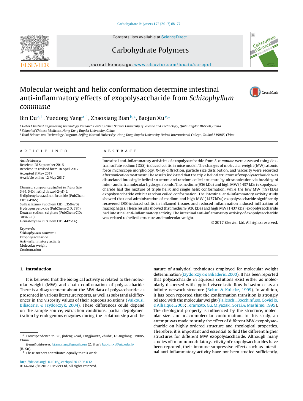 Molecular weight and helix conformation determine intestinal anti-inflammatory effects of exopolysaccharide from Schizophyllum commune