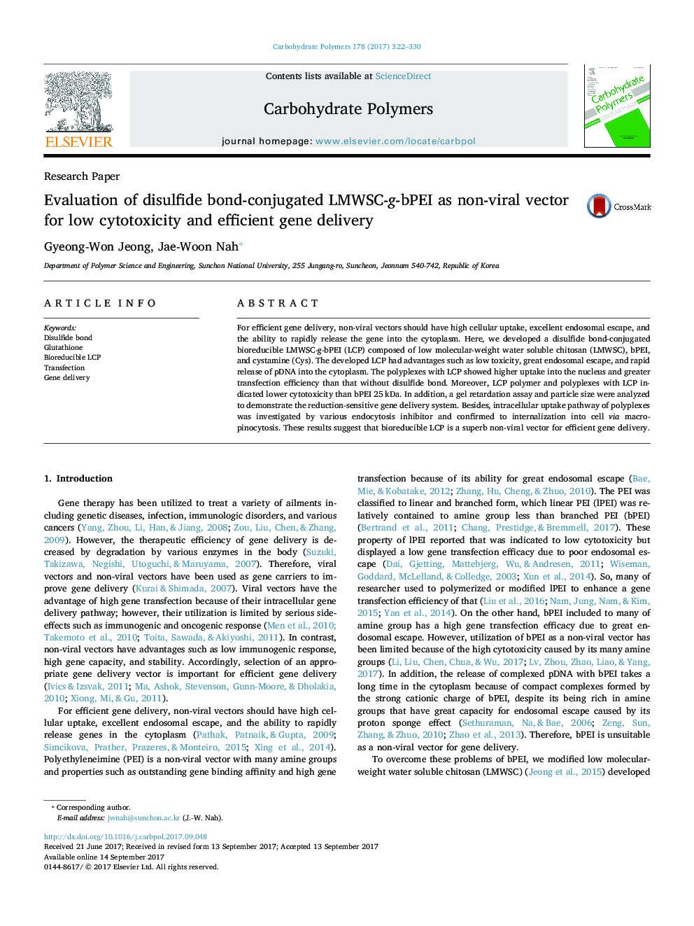 Evaluation of disulfide bond-conjugated LMWSC-g-bPEI as non-viral vector for low cytotoxicity and efficient gene delivery