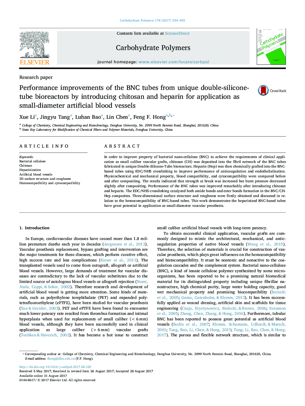 Performance improvements of the BNC tubes from unique double-silicone-tube bioreactors by introducing chitosan and heparin for application as small-diameter artificial blood vessels