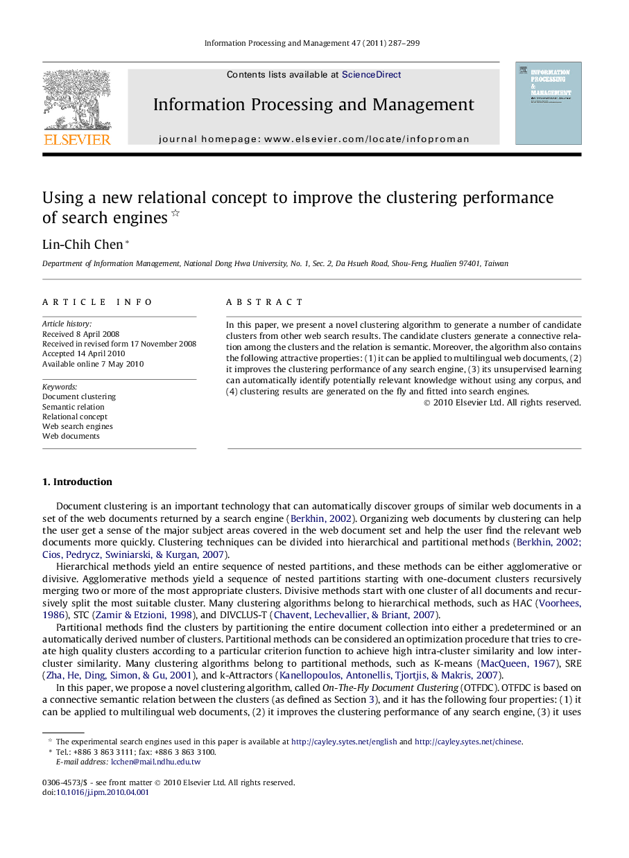 Using a new relational concept to improve the clustering performance of search engines 