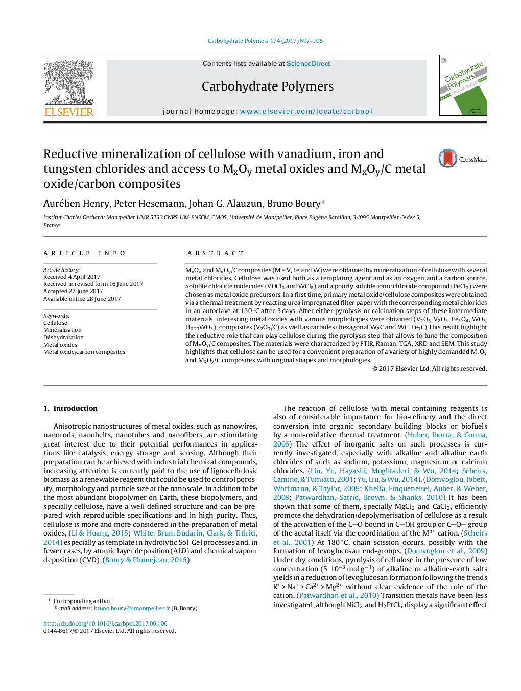 Reductive mineralization of cellulose with vanadium, iron and tungsten chlorides and access to MxOy metal oxides and MxOy/C metal oxide/carbon composites