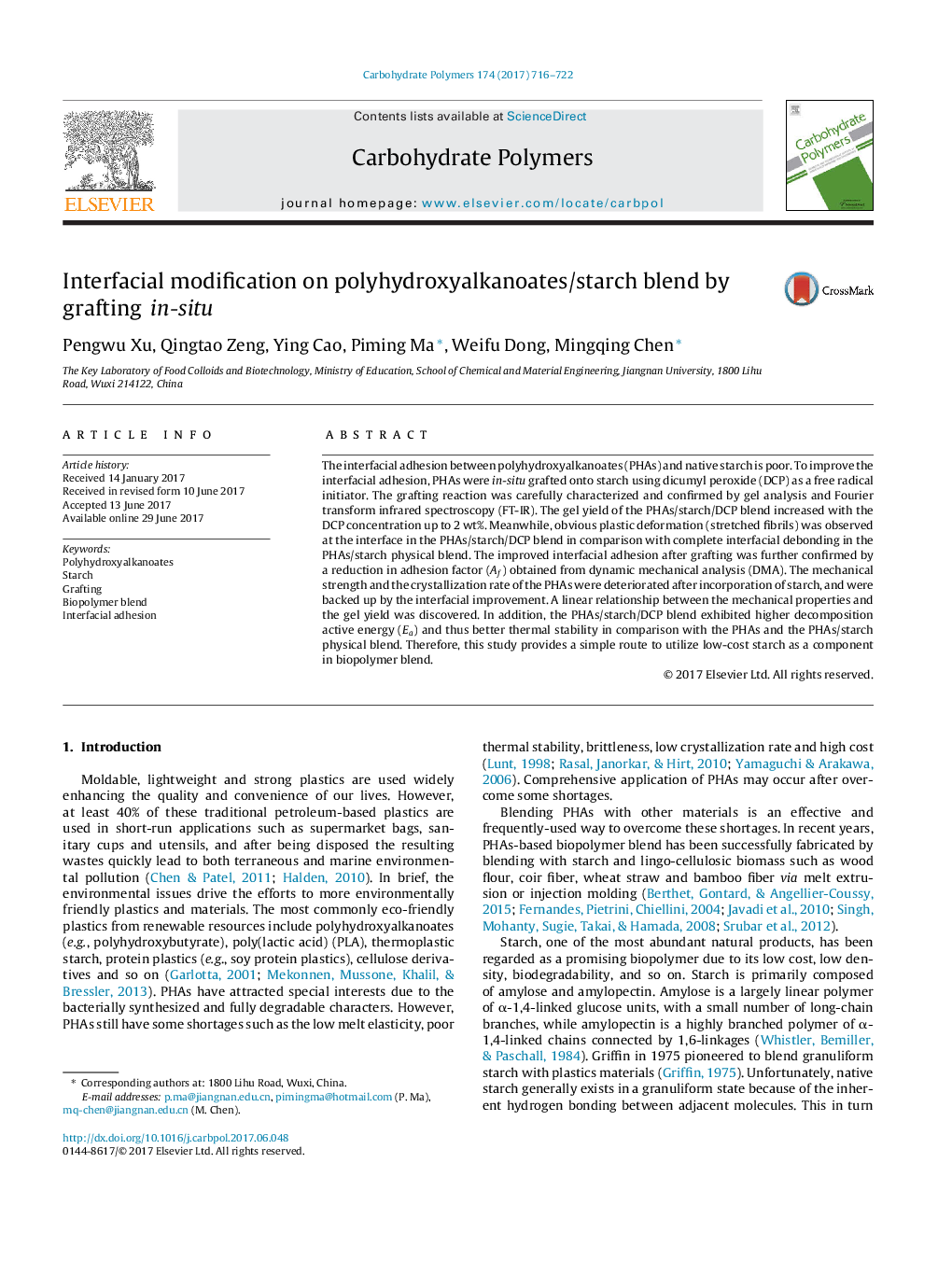 Interfacial modification on polyhydroxyalkanoates/starch blend by grafting âin-situ