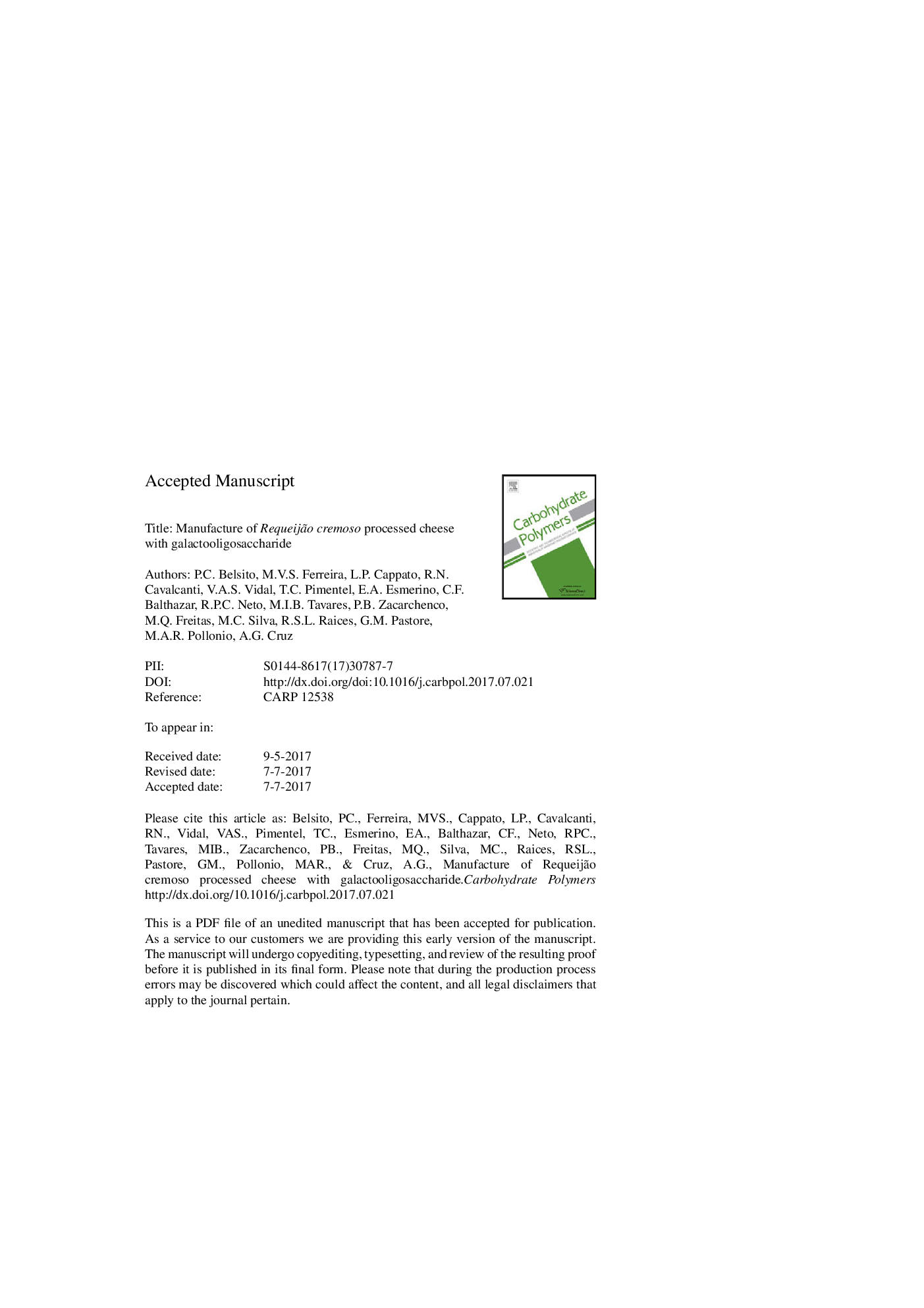 Manufacture of RequeijÃ£o cremoso processed cheese with galactooligosaccharide