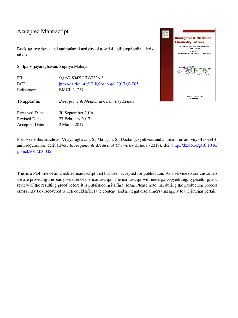 Docking, synthesis and antimalarial activity of novel 4-anilinoquinoline derivatives